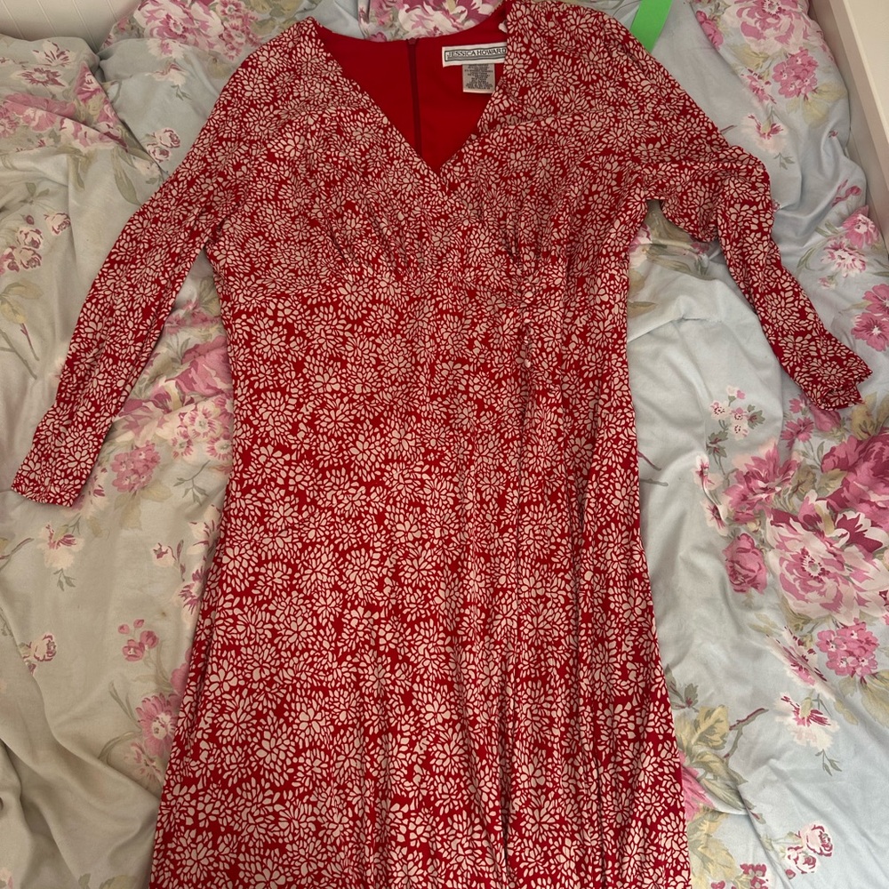 Jessica Howard Red and White Cuffed Long Sleeve Sundress